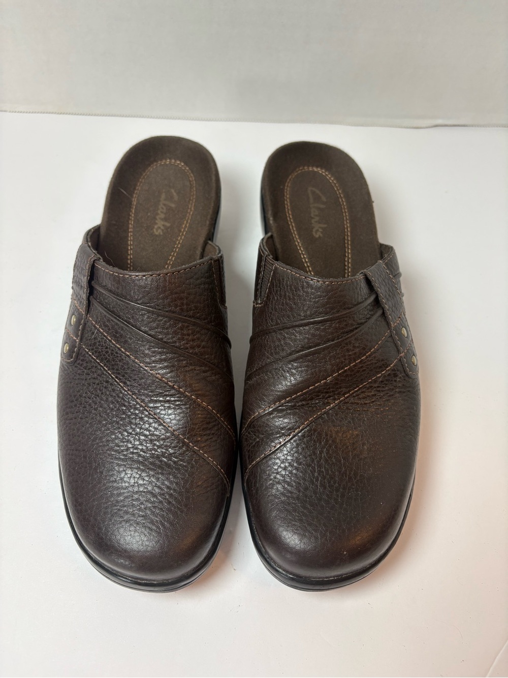 Clarks Women’s Brown Pebble Leather Slip-on Mules Clogs Size 7.5M